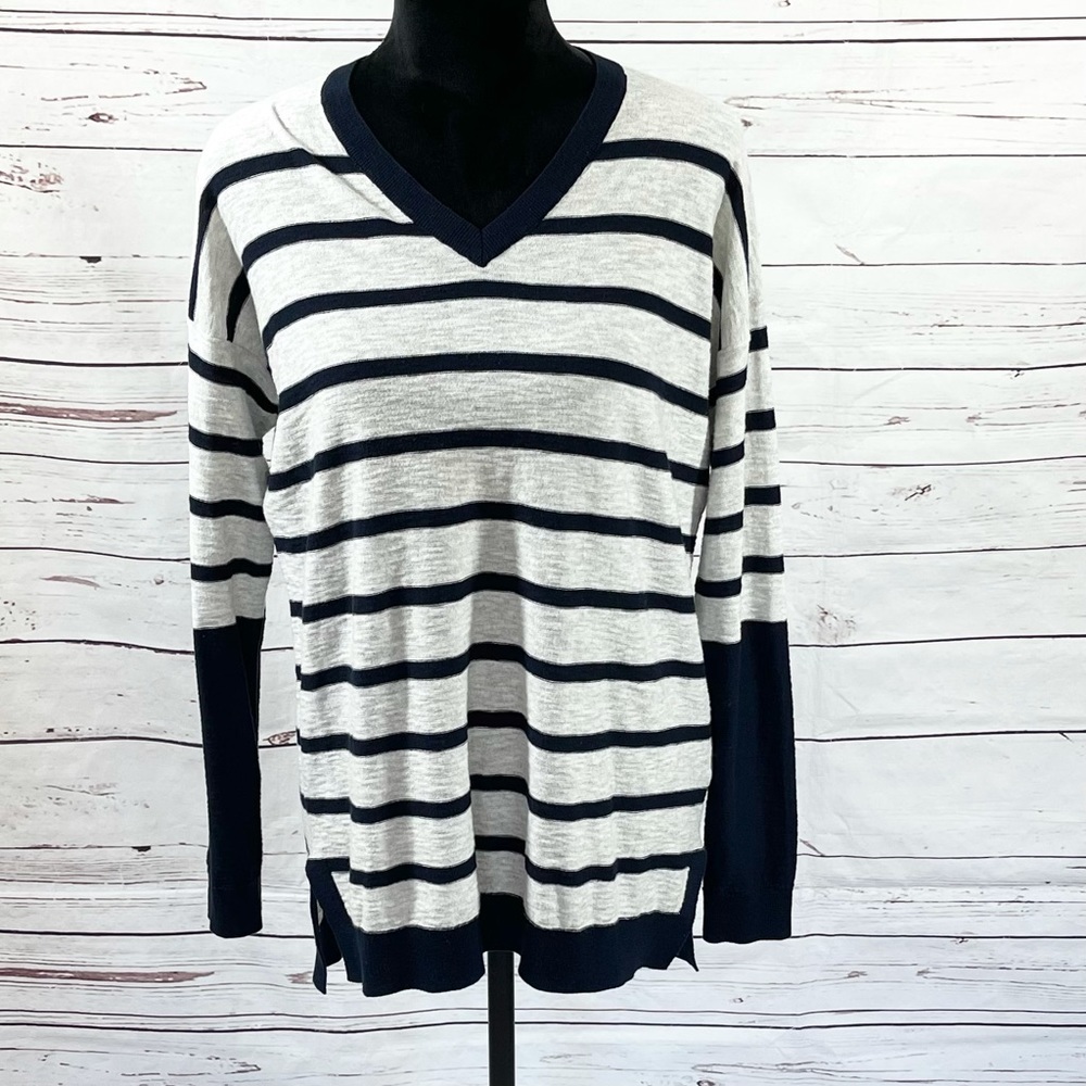 Vince Womens Pullover Sweater Long Sleeve V-Neck Gray/Blue Striped Cotton Size M